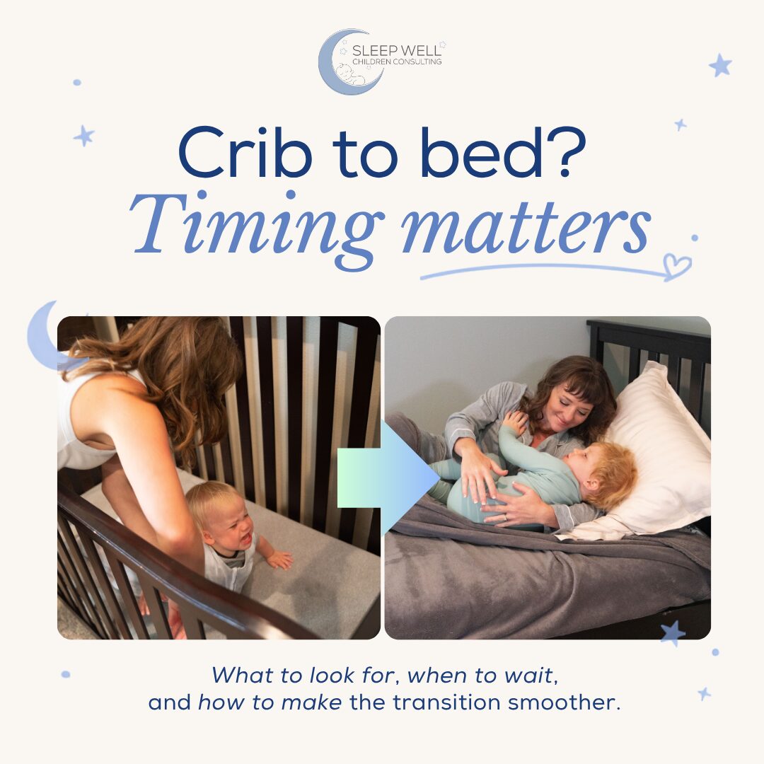 oddler tucked into big-kid bed with parent